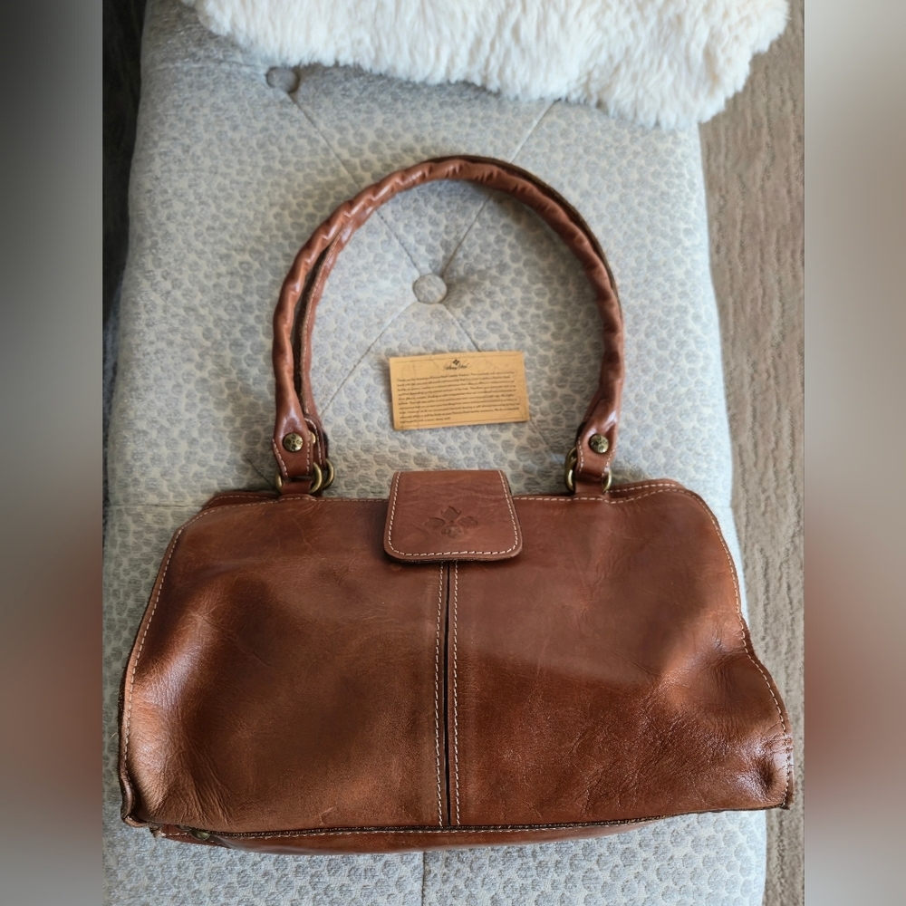 Patricia Nash Rienzo Satchel Handbag Full Grain Cognac Leather Vintage Style - Picture 3 of 16